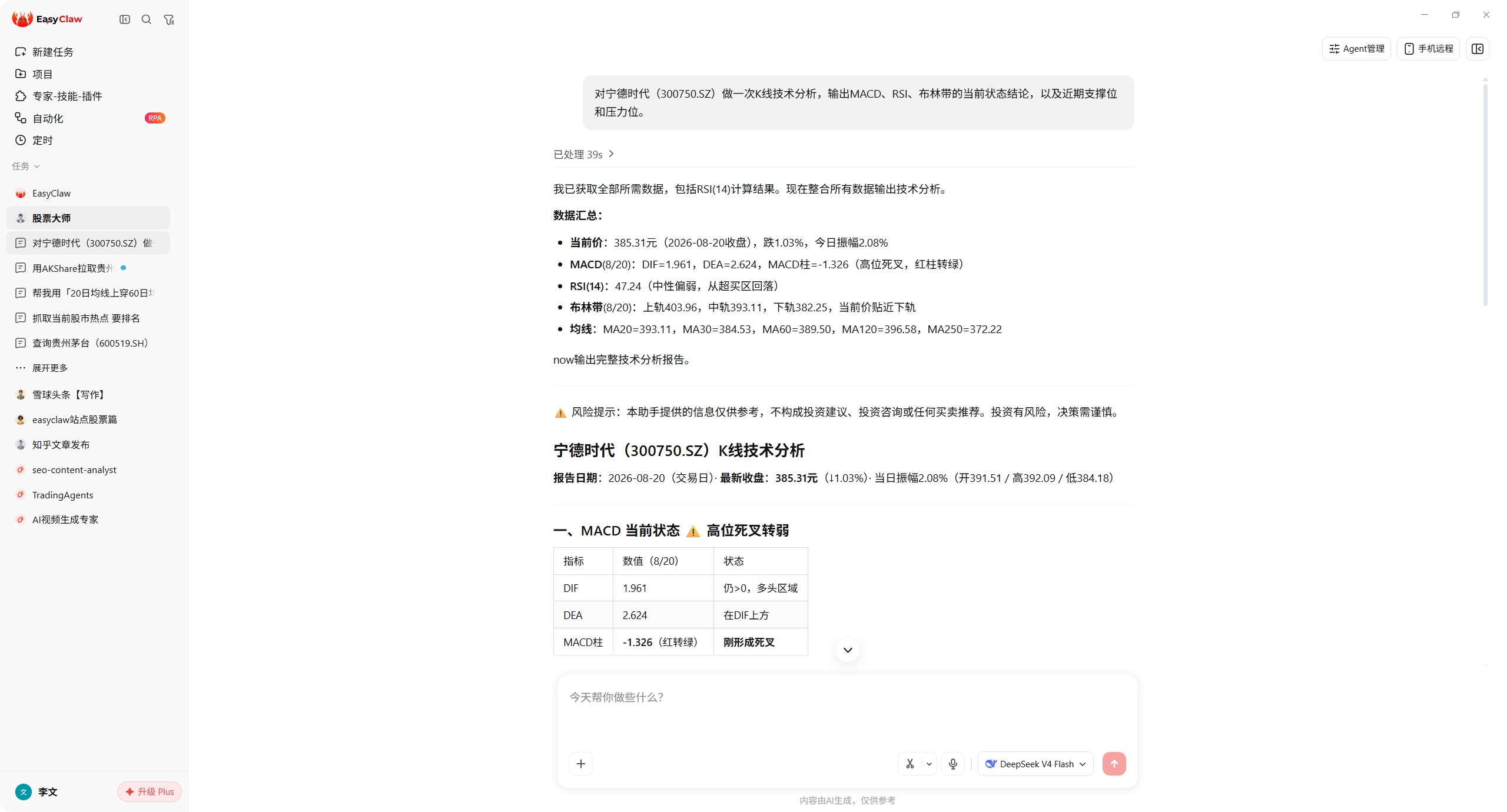 EasyClaw 对话截图：一句话做 K线技术分析