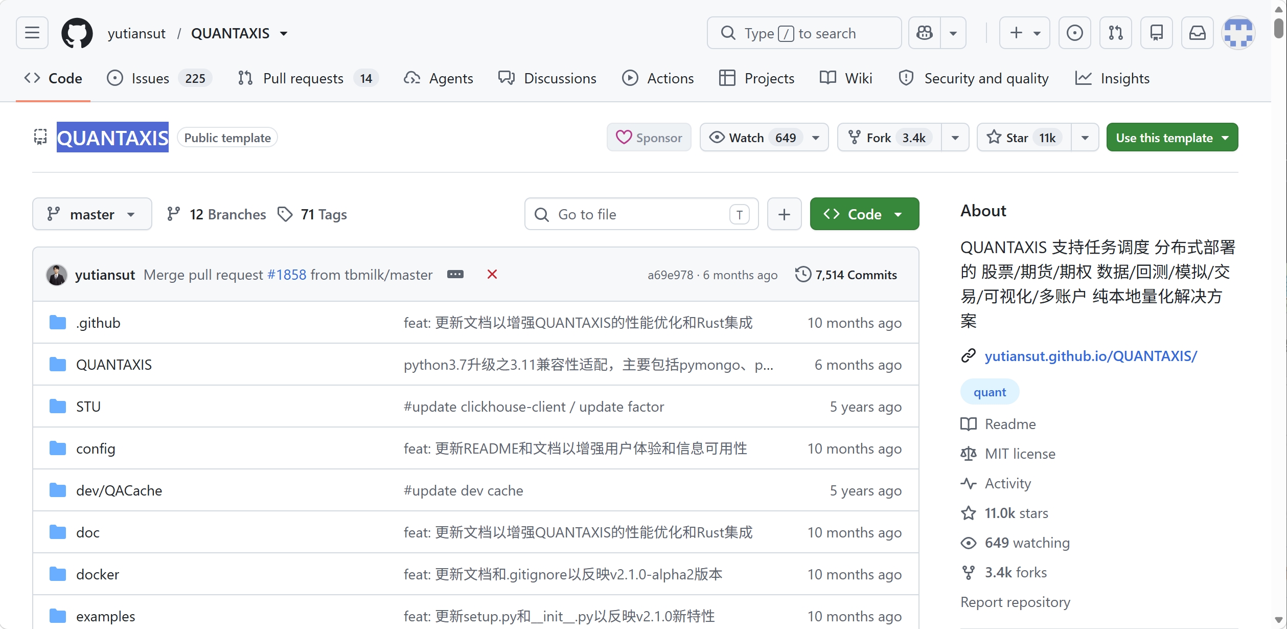 yutiansut/QUANTAXIS GitHub 仓库页面截图：文件列表与 About 信息