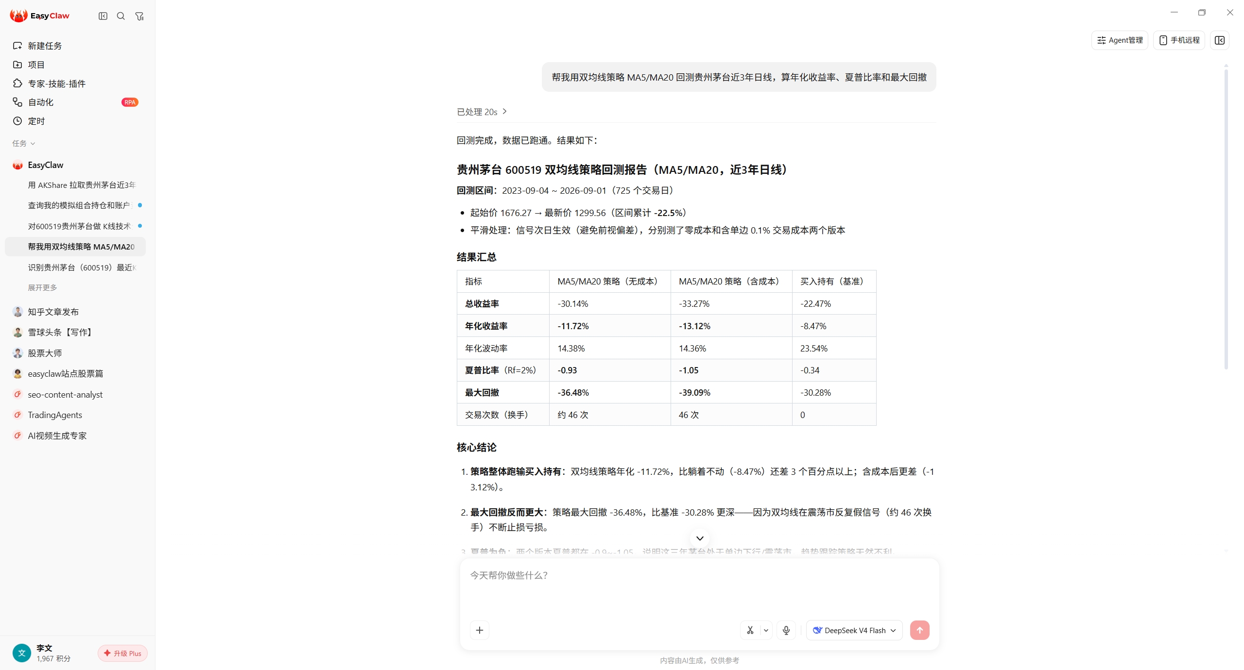 EasyClaw 量化分析师 Skill：一句话双均线策略回测贵州茅台的实际结果截图