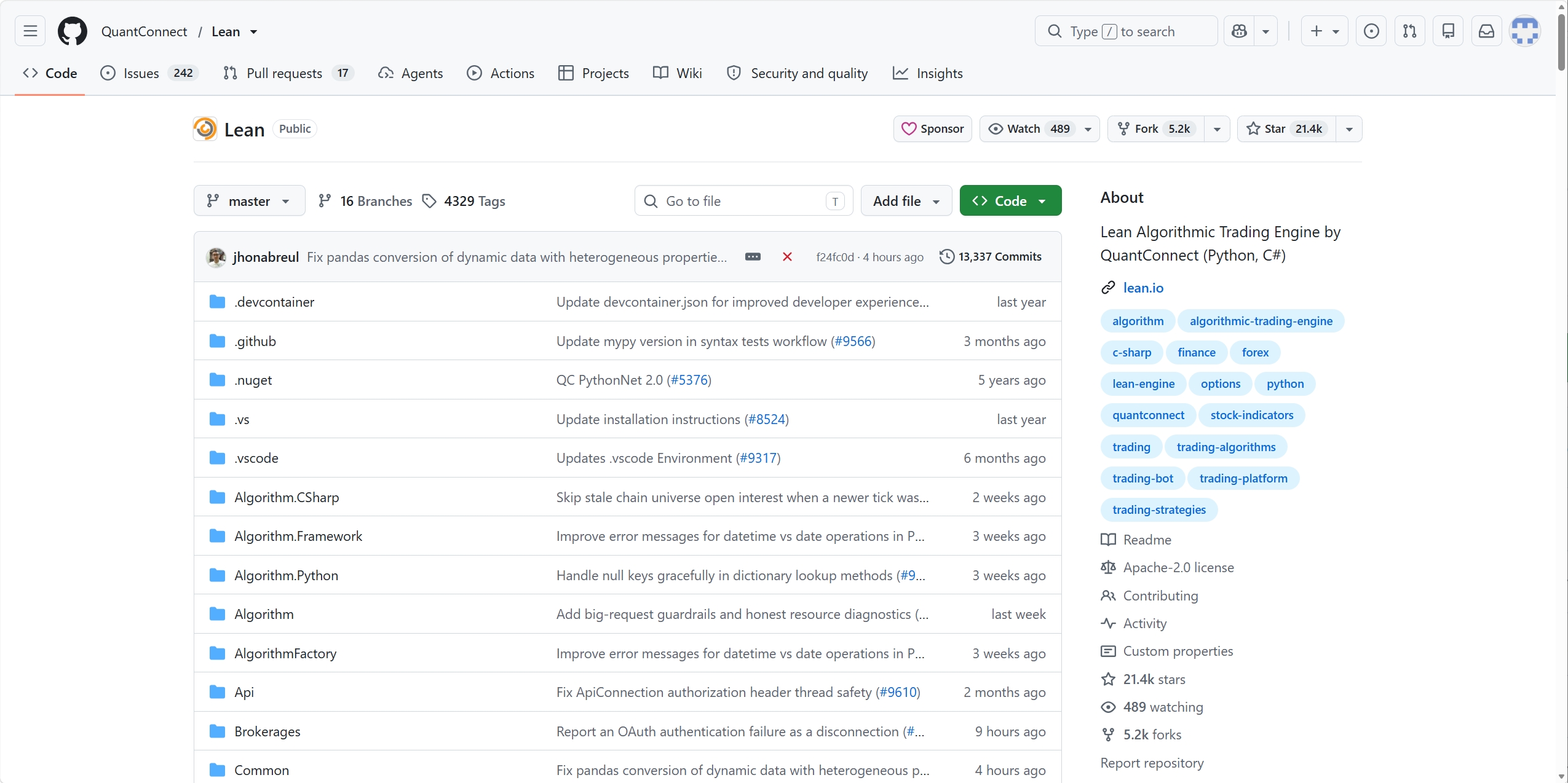 QuantConnect/Lean GitHub 仓库页面截图：文件列表与 About 信息