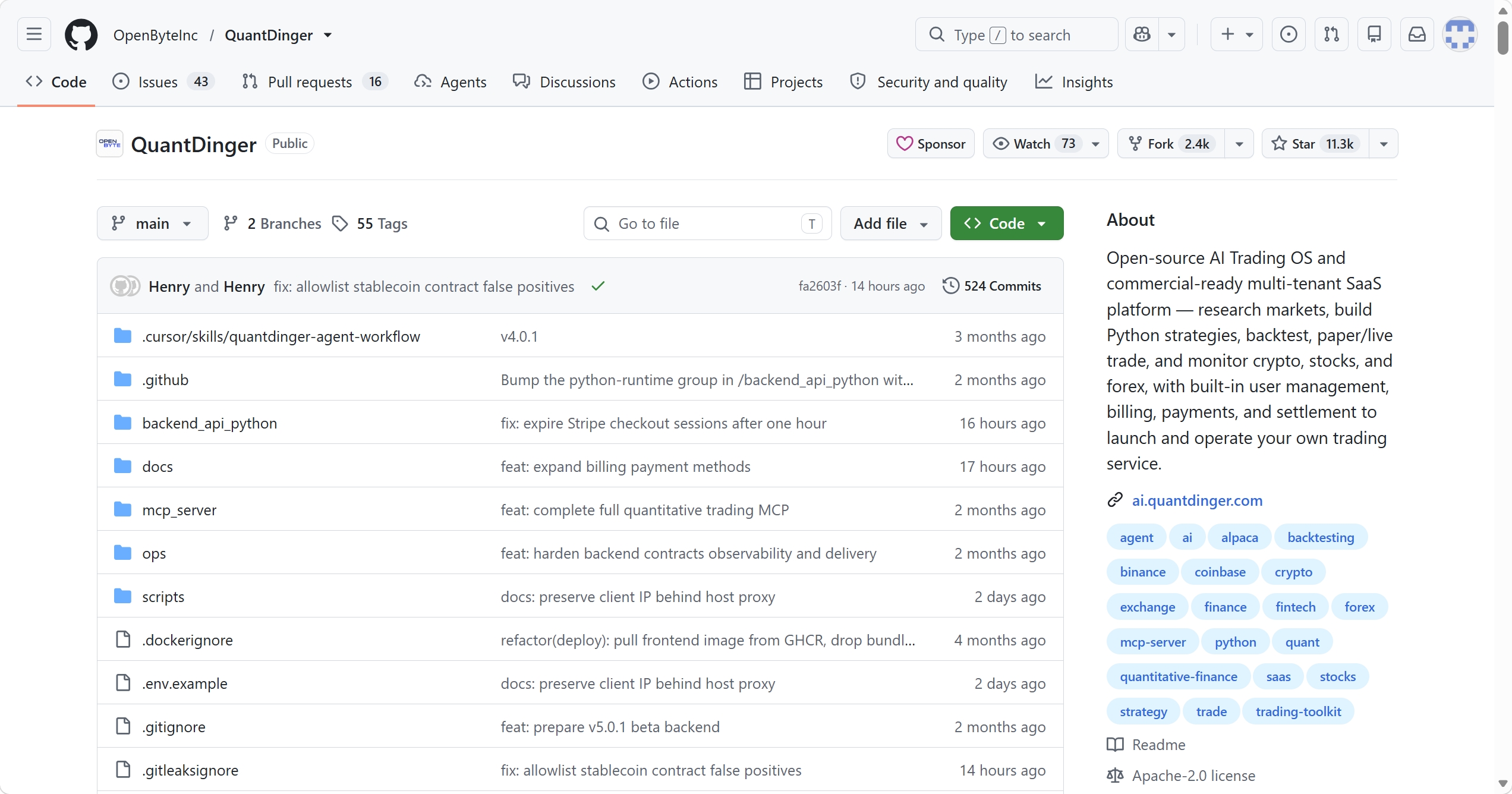 OpenByteInc/QuantDinger GitHub 仓库页面截图