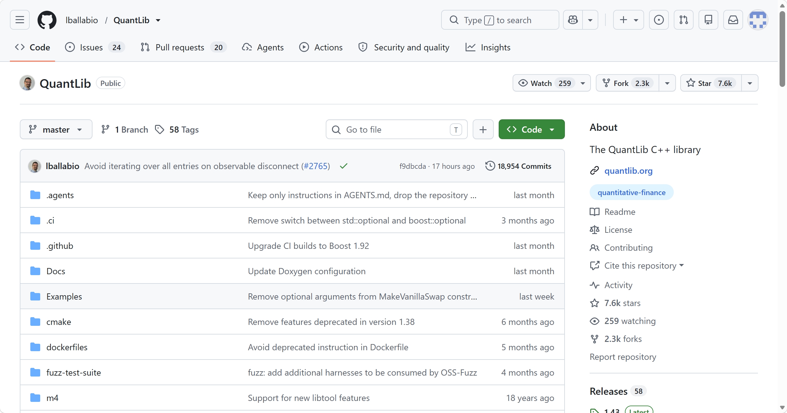 QuantLib GitHub 仓库页面截图：文件列表与 About 信息