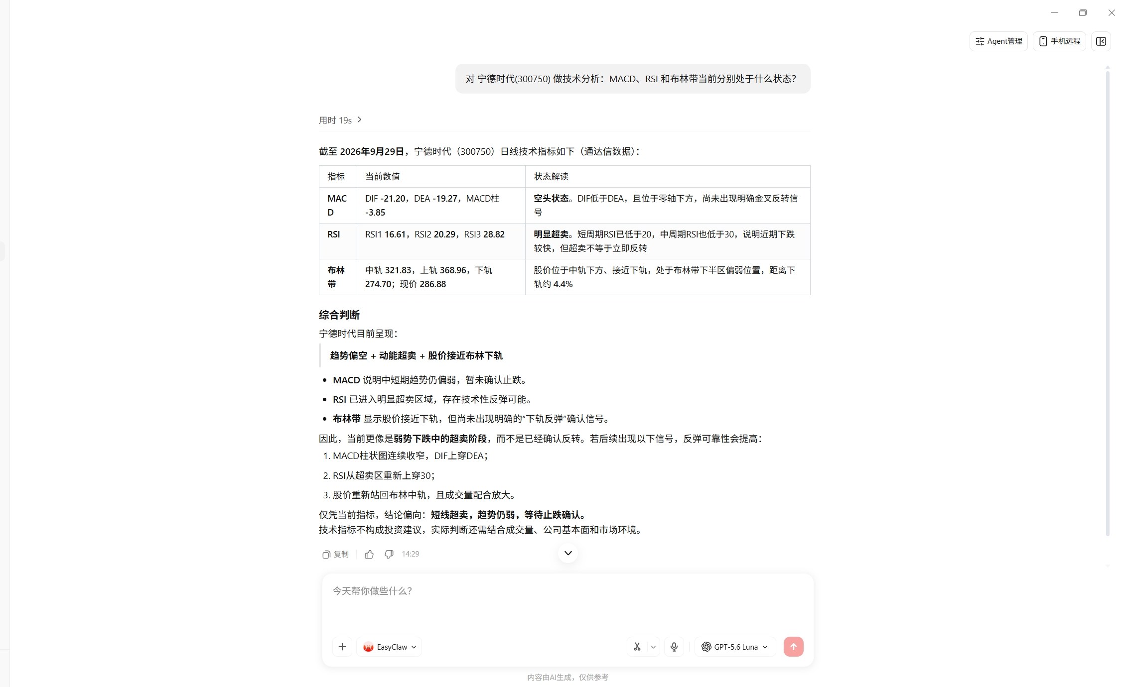 EasyClaw 对话截图（已裁去左侧栏）：对宁德时代做 MACD、RSI 与布林带技术分析，返回指标数值、状态解读与综合判断