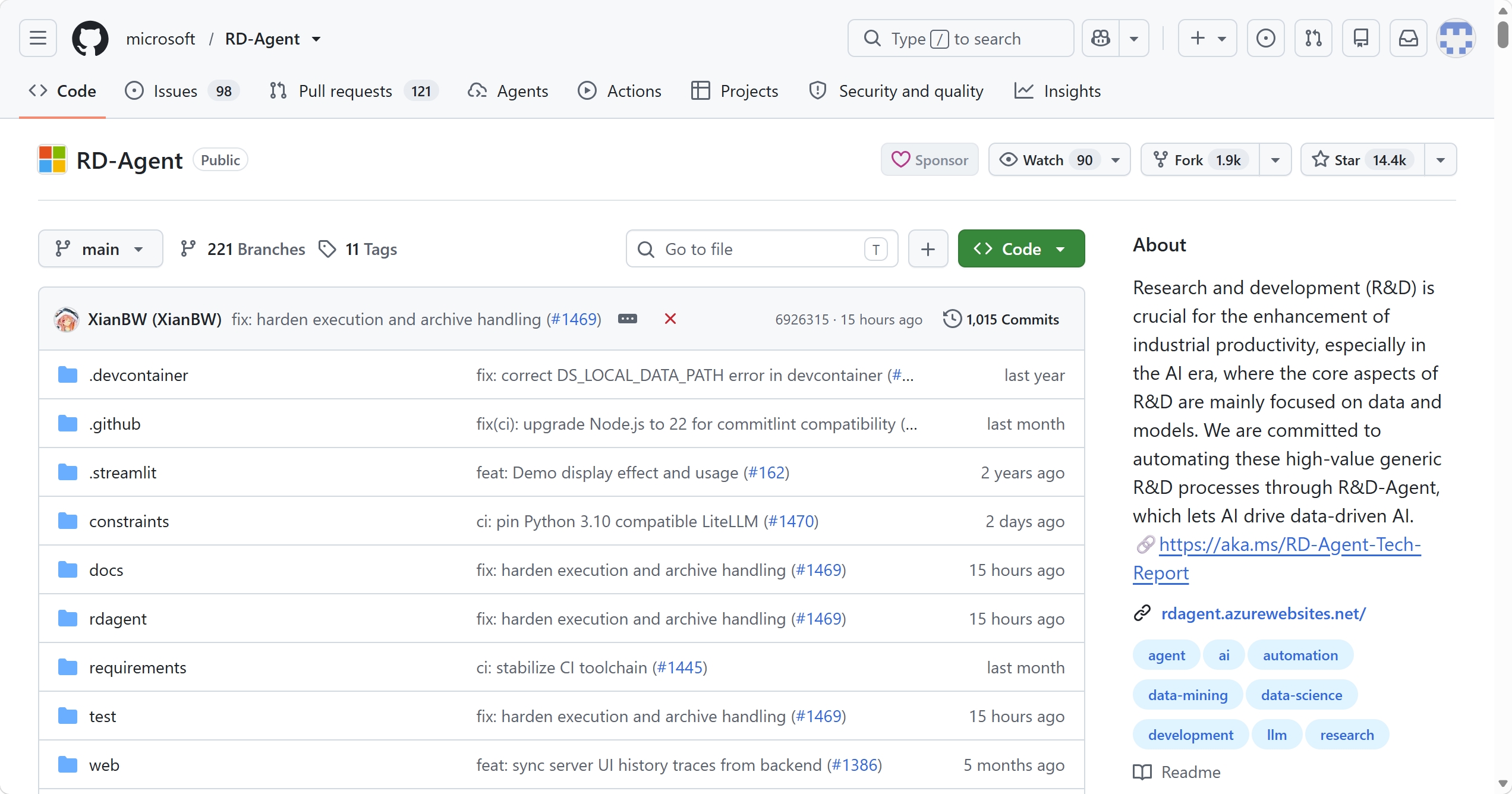 RD-Agent（microsoft）GitHub 仓库页面截图