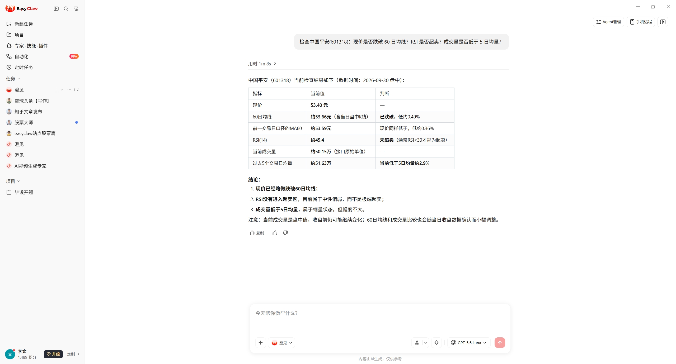 EasyClaw 对话截图：检查中国平安 601318 是否跌破 60 日均线、RSI 是否超卖、成交量是否低于 5 日均量