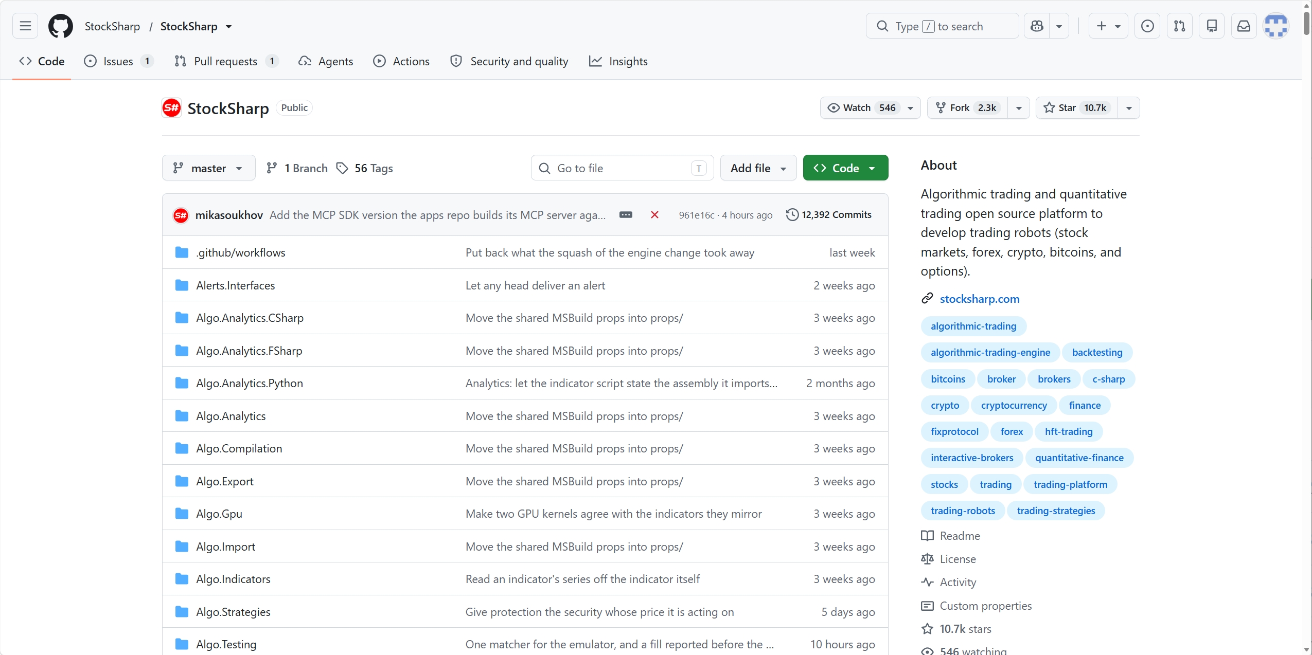 StockSharp/StockSharp GitHub 仓库页面截图：文件列表与 About 信息