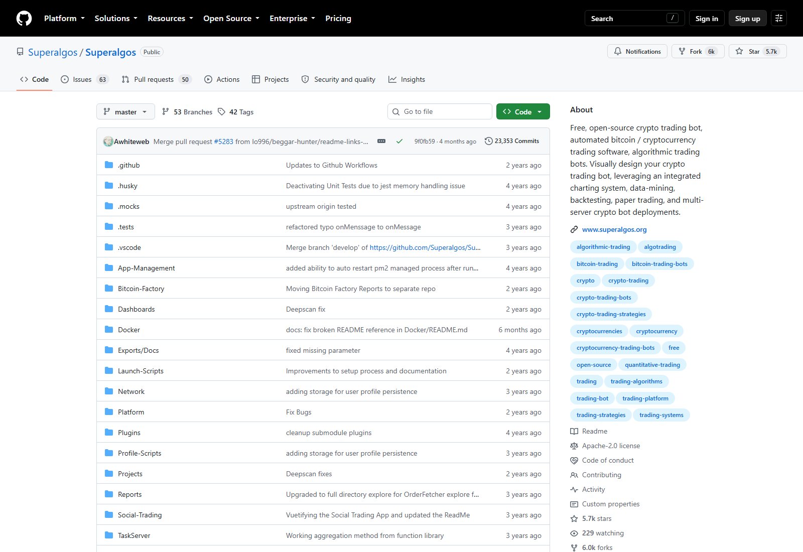 Superalgos/Superalgos GitHub 仓库页面截图：仓库名、About 简介与顶层文件列表