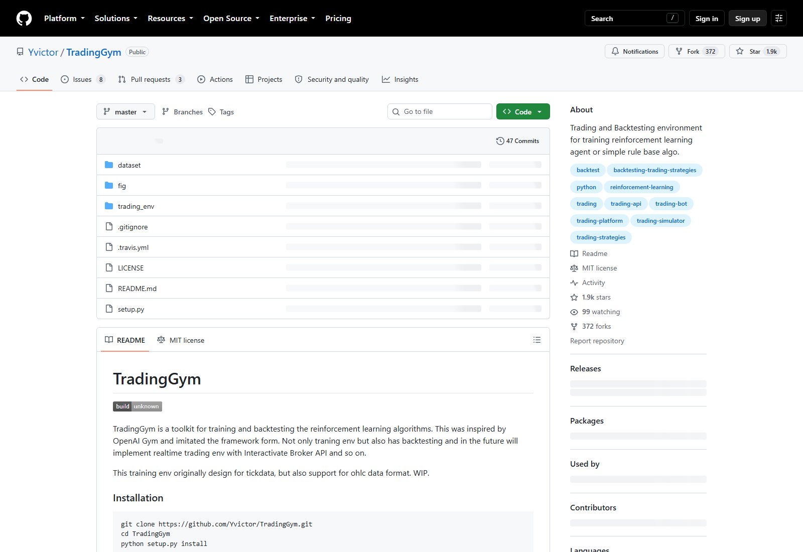 Yvictor/TradingGym GitHub 仓库页面截图：仓库名、About 简介、顶层目录结构与 Star/Fork 数