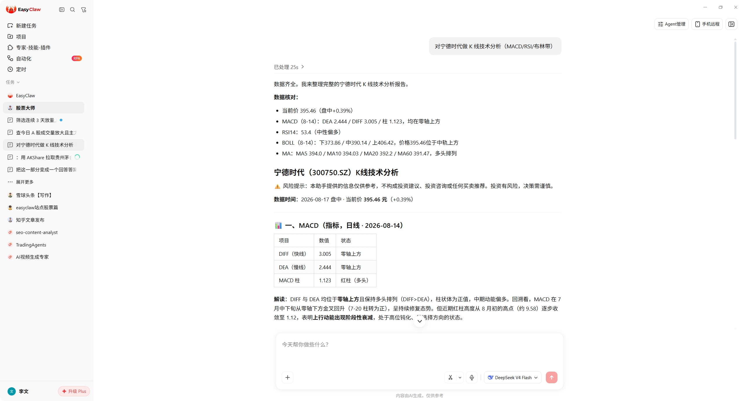 EasyClaw 中一句话对宁德时代做 K 线技术分析（MACD/RSI/布林带）的实际结果截图