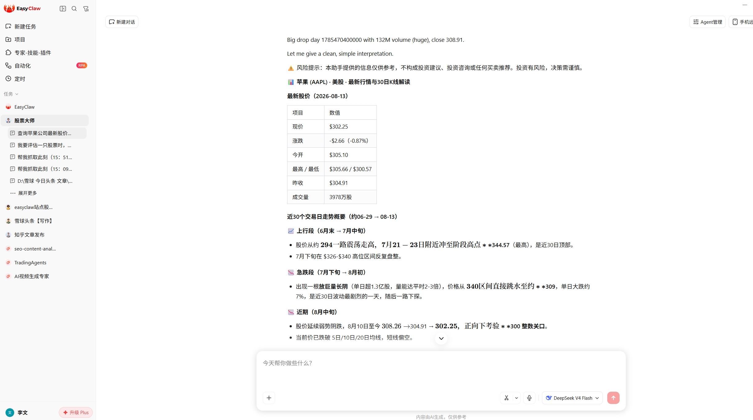 EasyClaw 中一句话用股票大师查询苹果最新股价与 30 日 K 线的实际结果截图