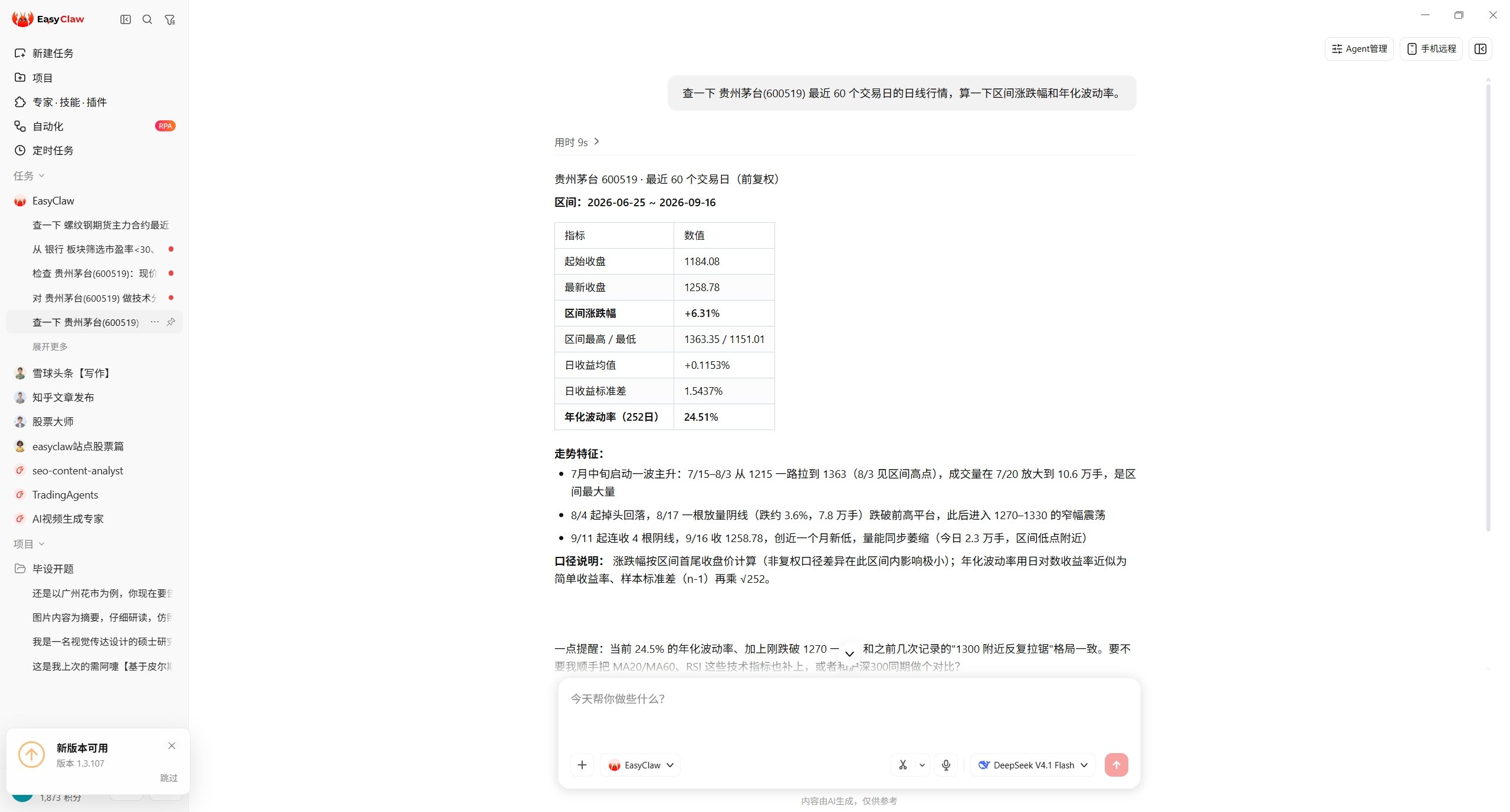 EasyClaw 对话截图：查询贵州茅台 600519 最近 60 个交易日日线行情，返回区间涨跌幅 +6.31% 与年化波动率 24.51%