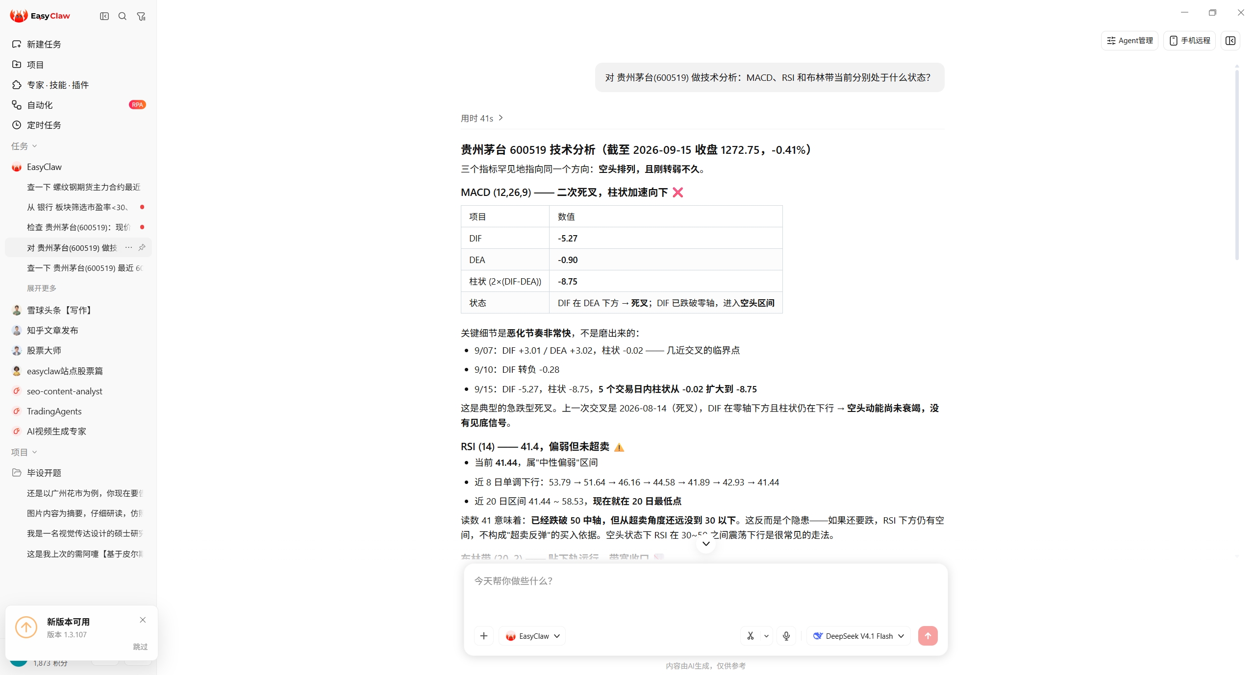 EasyClaw 对话截图：对贵州茅台 600519 做技术分析，返回 MACD 二次死叉与 RSI 41.4
