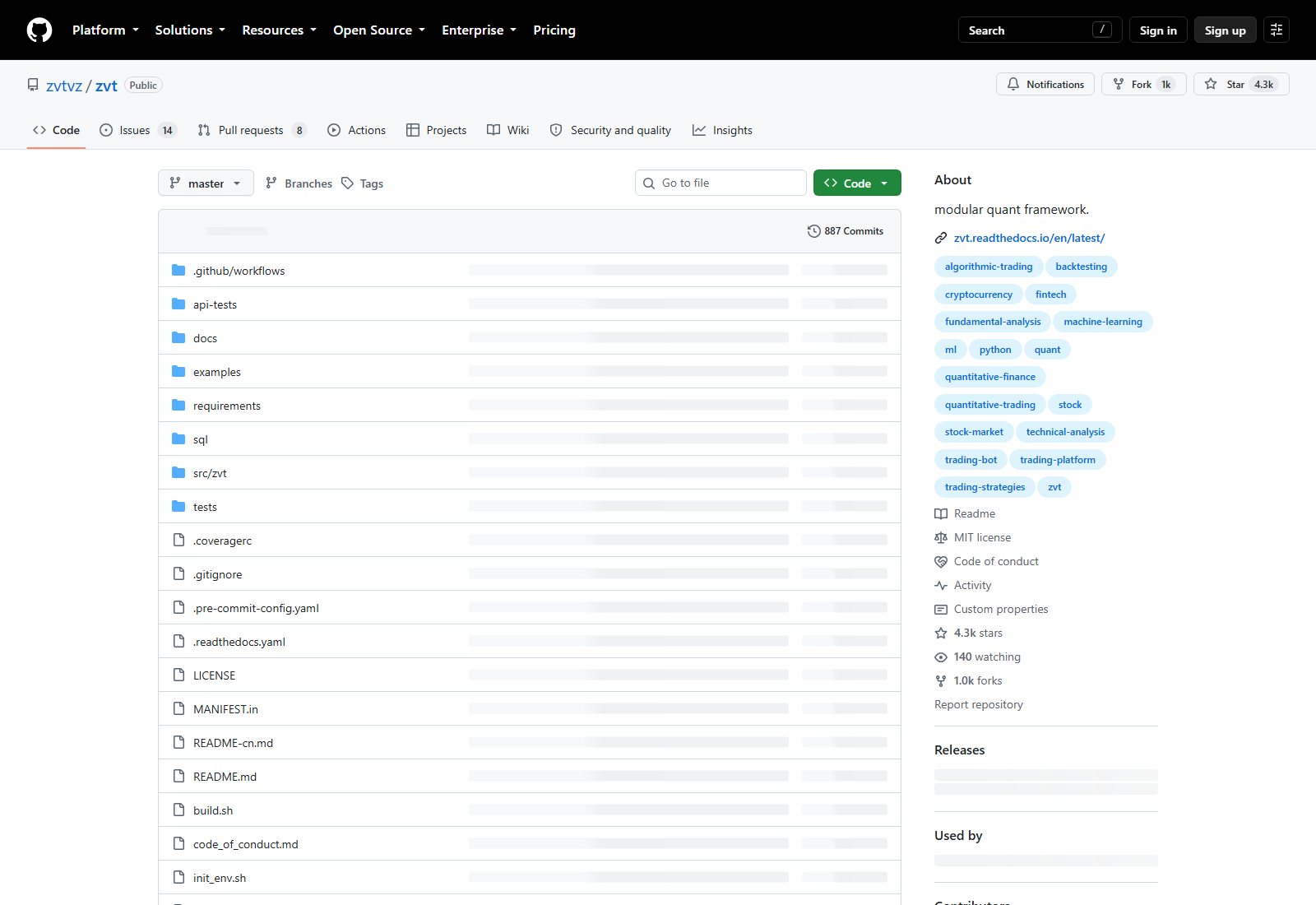zvtvz/zvt 的 GitHub 仓库页面截图：仓库名、About 简介 modular quant framework、MIT license、4.3k Star、1.0k Fork、887 Commits 与顶层文件列表